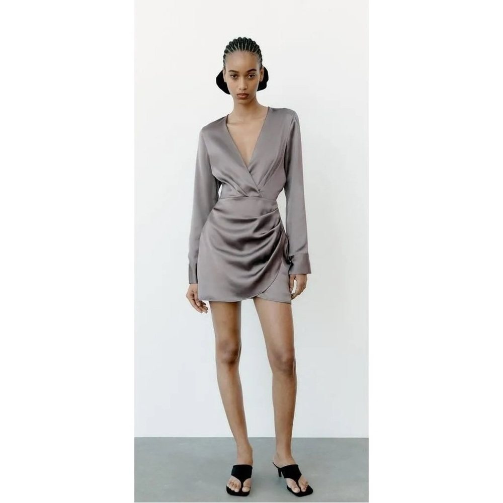 NWT ZARA Grey satin wrap dress